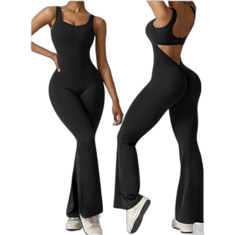 Vertvie V-back Ruched Butt Bodycon Flare Jumpsuit Black Sleeveless Stretch